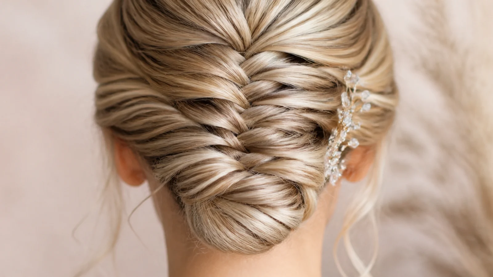 A patterned braid coiled into a low bun for the evening