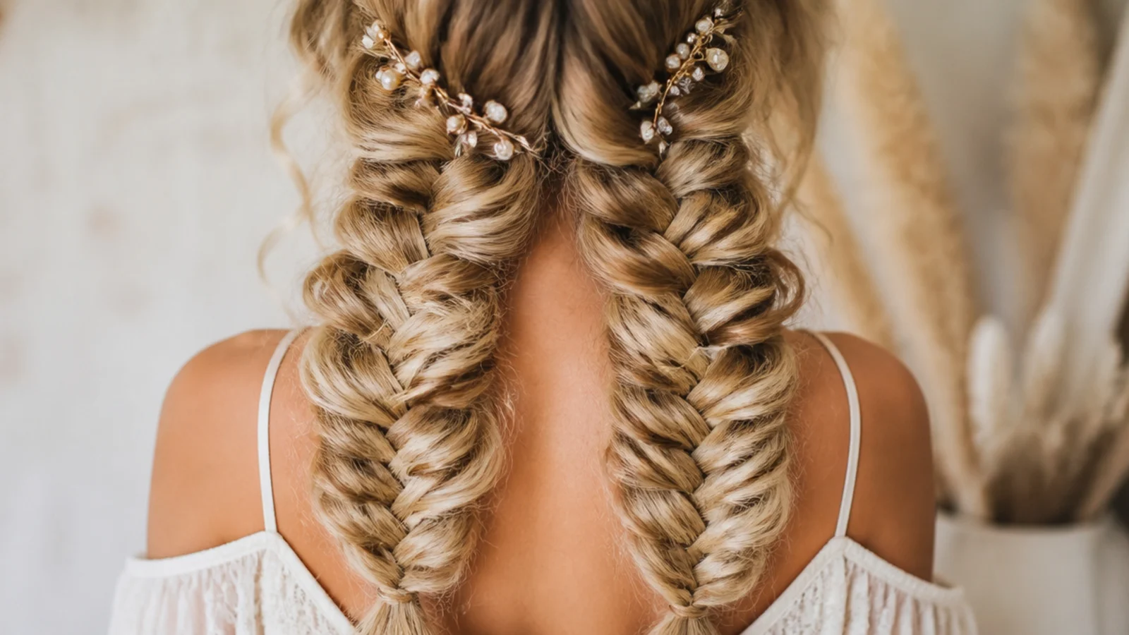 Two fishtail braids running down either side of the back