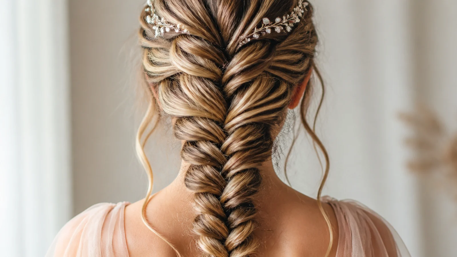 Soft curled pieces left down at the temples beside a braid