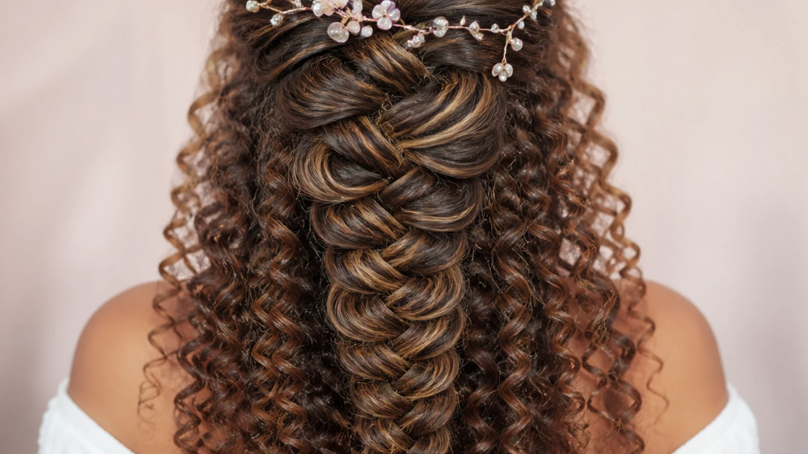 A fishtail braid worked through natural curly hair for an evening