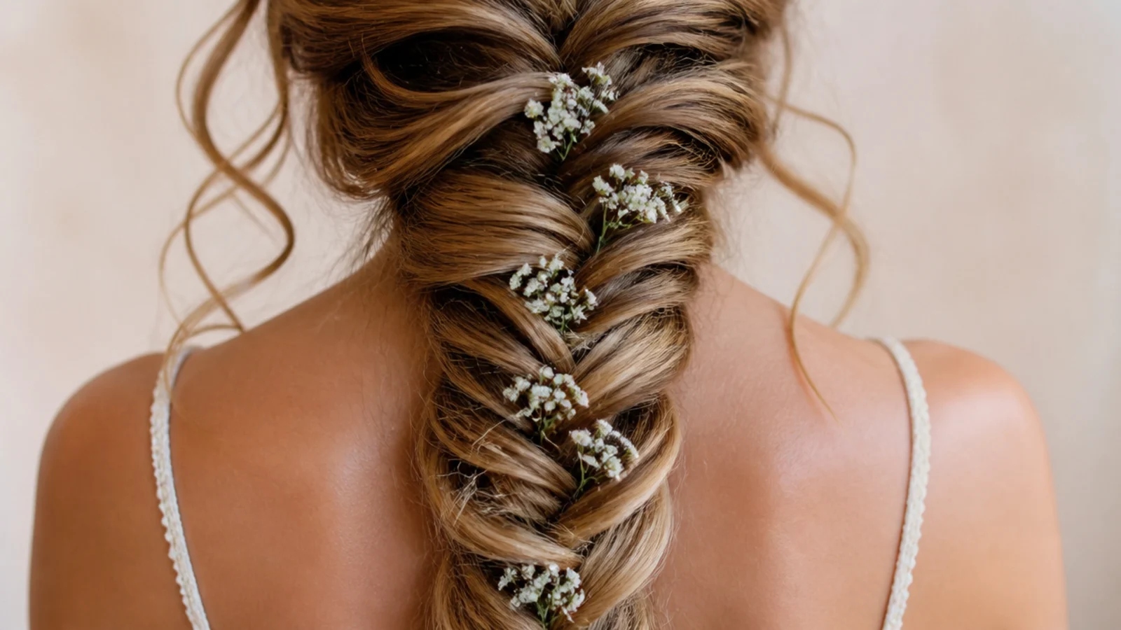 Tiny white flower sprigs set into the loops of a braid