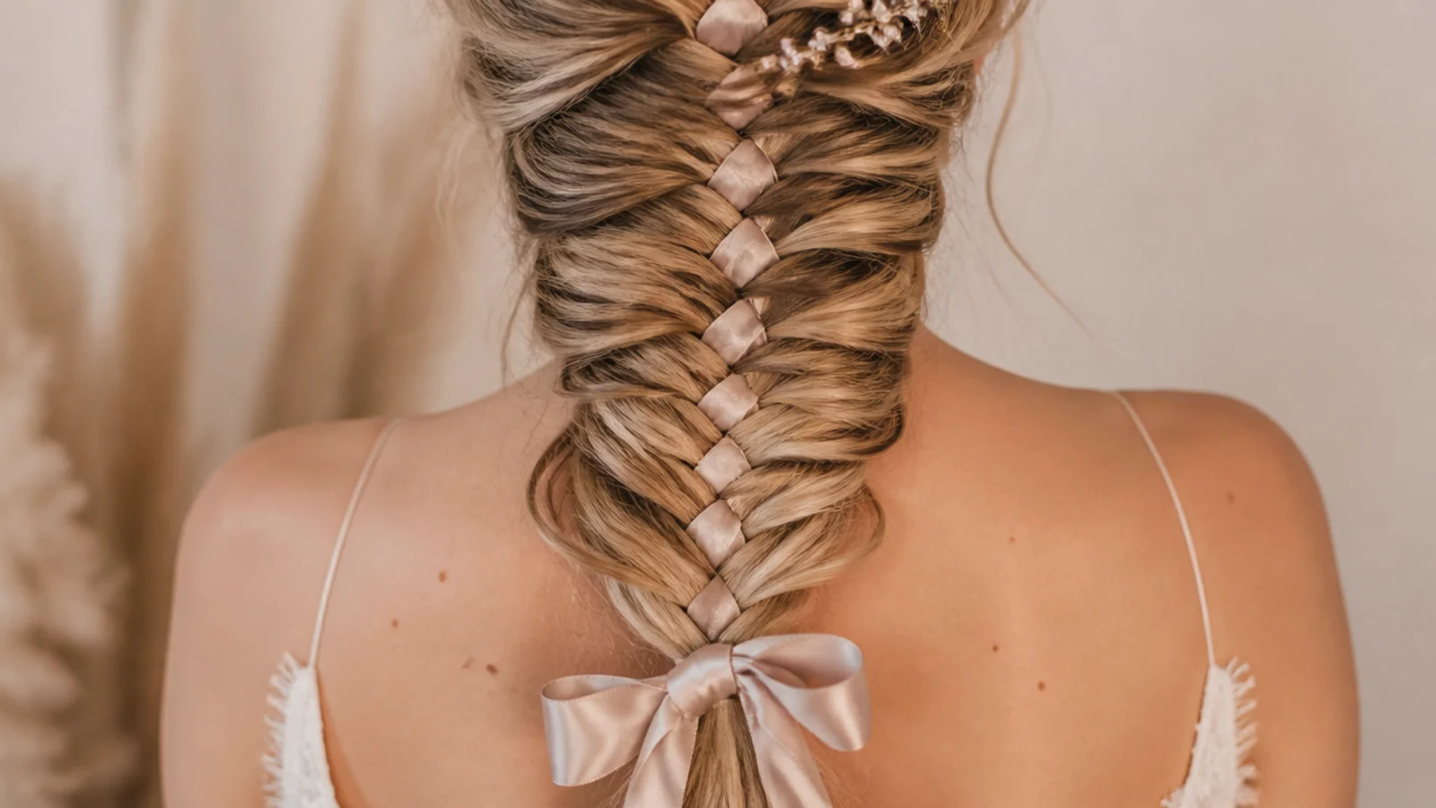 A satin ribbon woven through the crossings of a braid