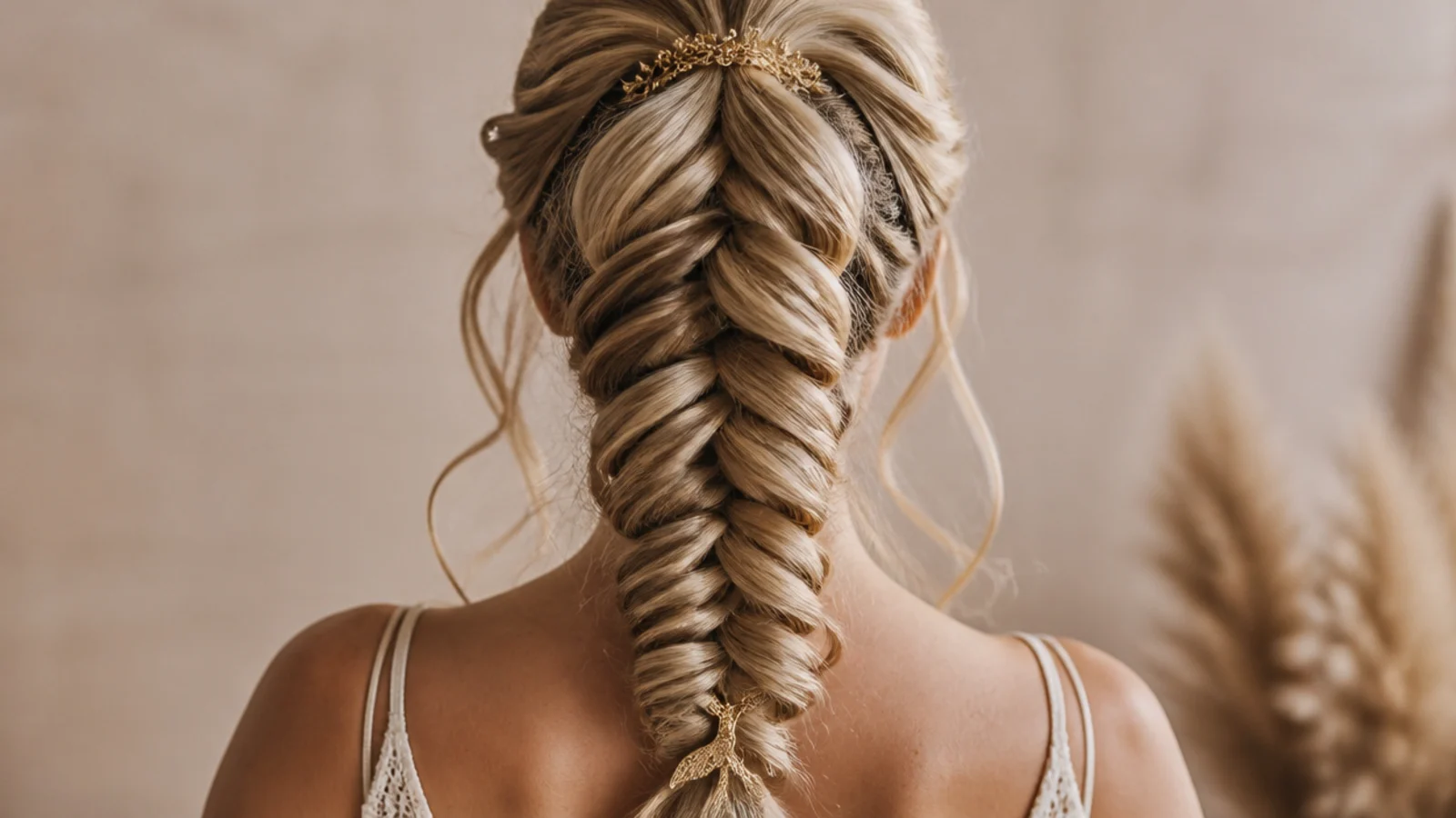 A high ponytail fishtailed from the elastic down