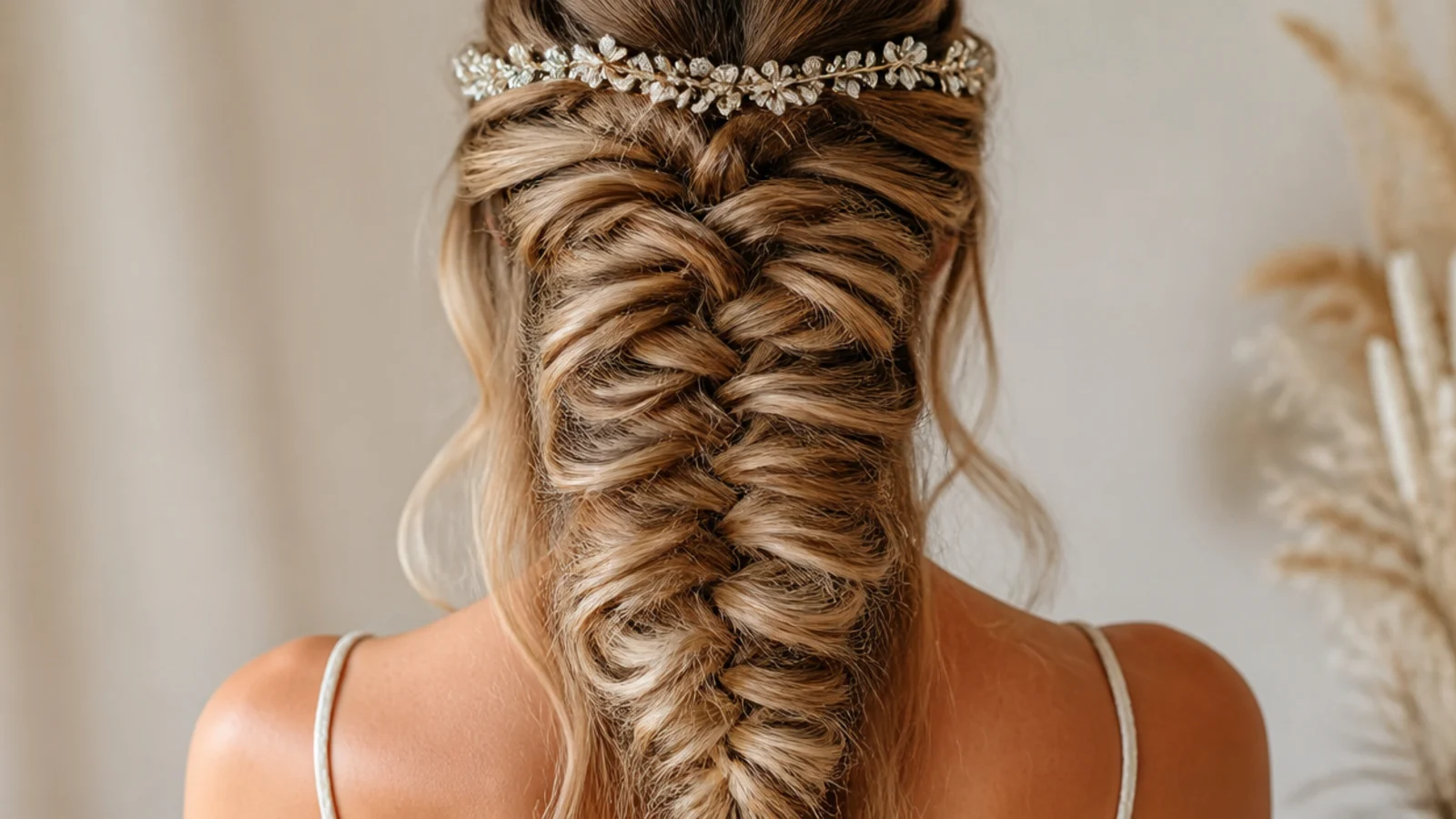 A jewelled headband worn above a flat wide braid