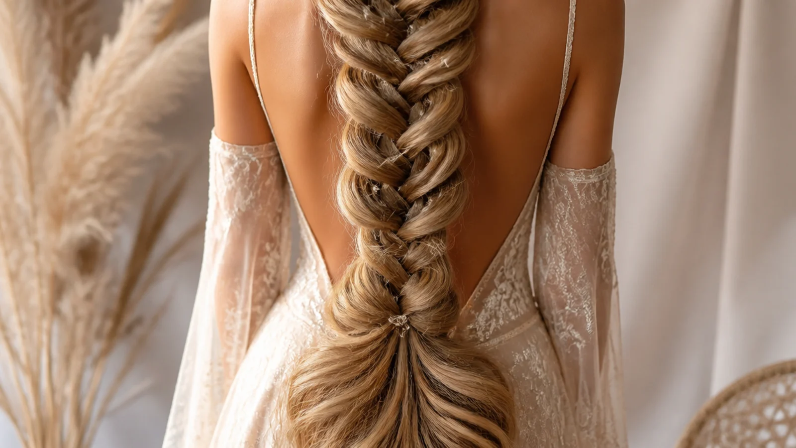 A very long braid falling well past the waist over an evening dress