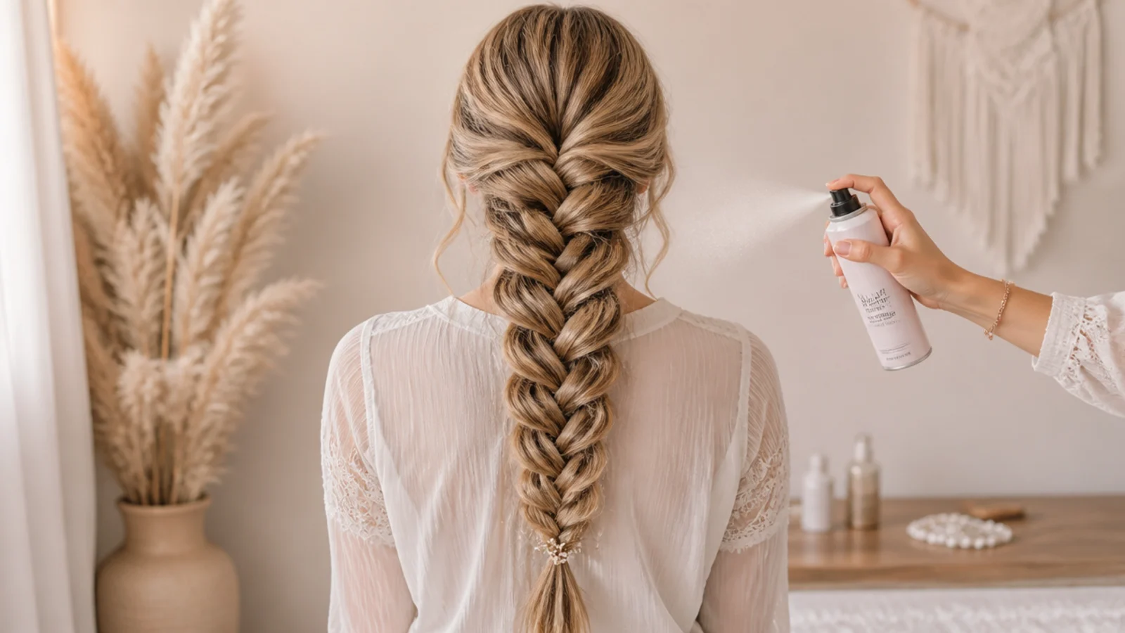 Fine hair being prepared with texture spray before an evening braid
