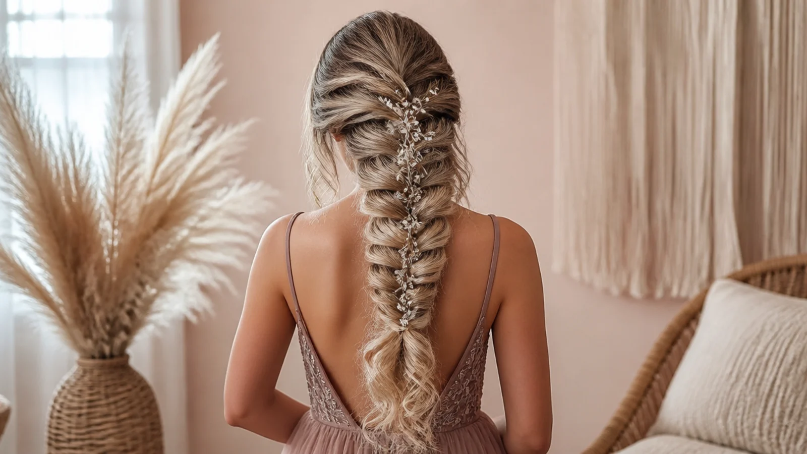 A braid dressed with a fine sparkling vine and loose pieces around the face