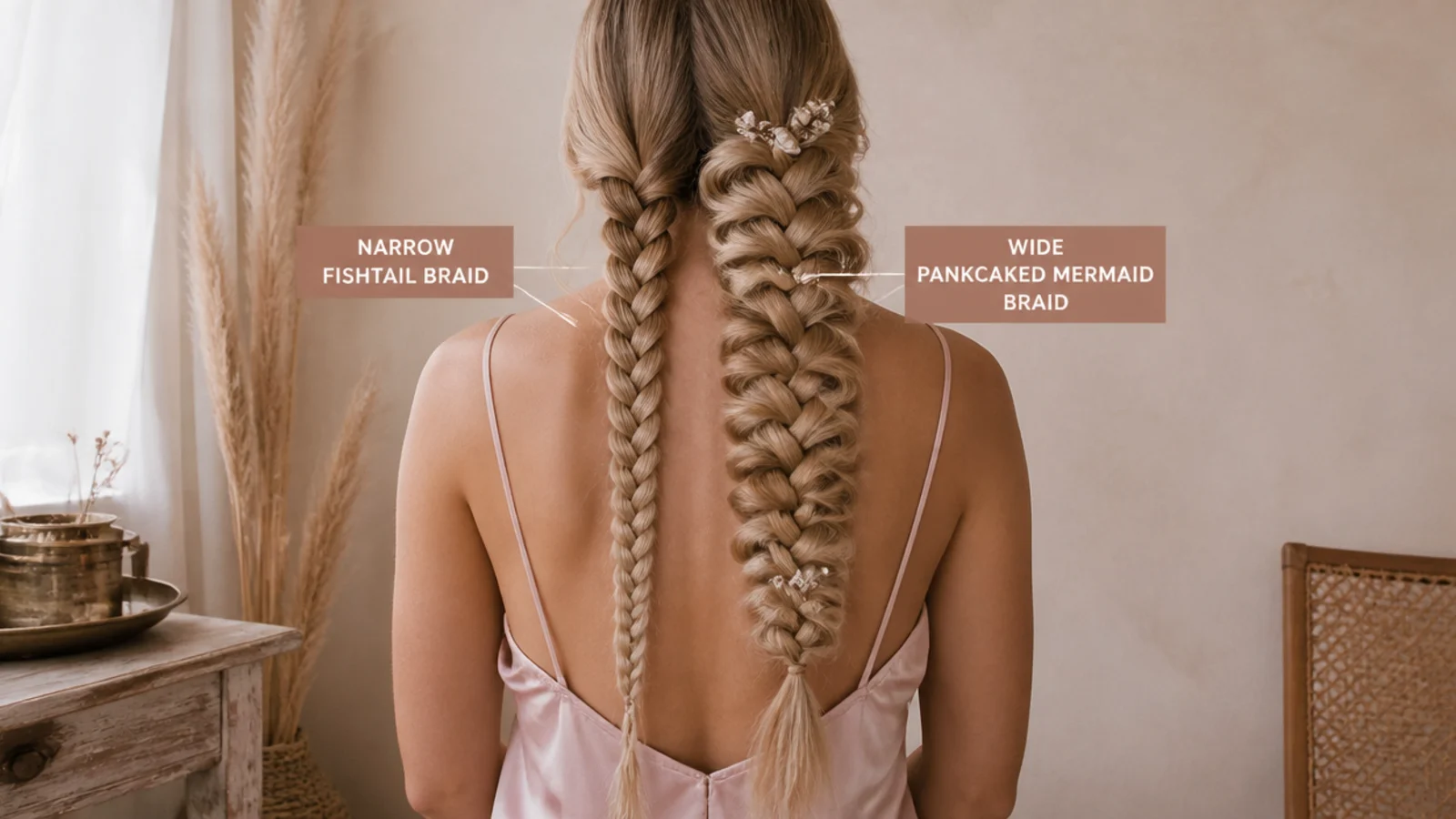A wide braid seen from behind showing its full pattern under evening light