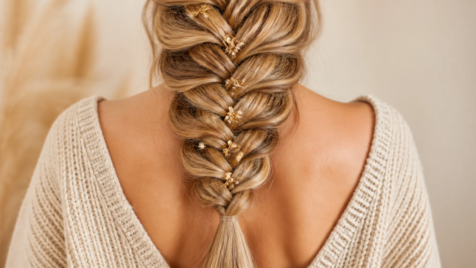 A long fishtail braid running straight down the centre of the back