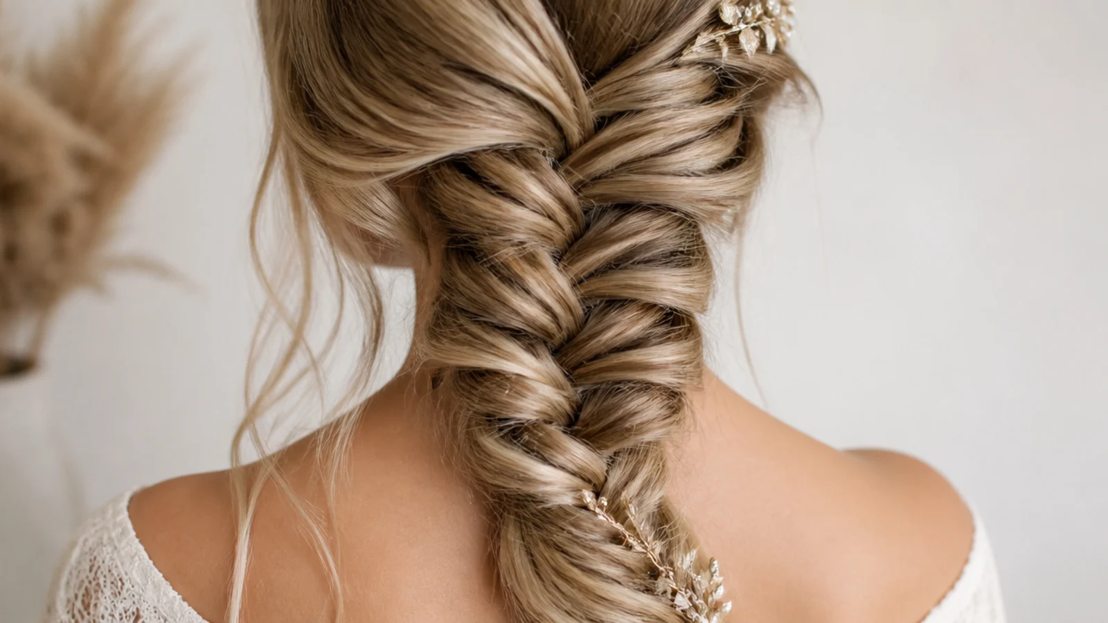A fishtail braid pulled forward across one shoulder