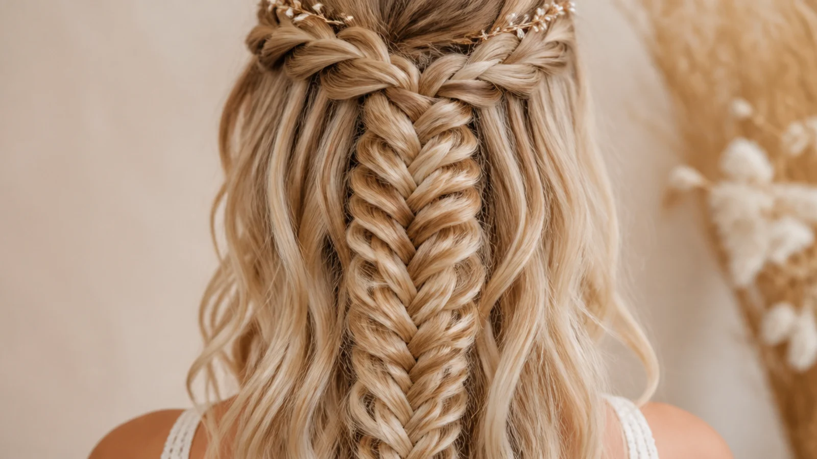 A horizontal braid with loose strands falling through it down the back