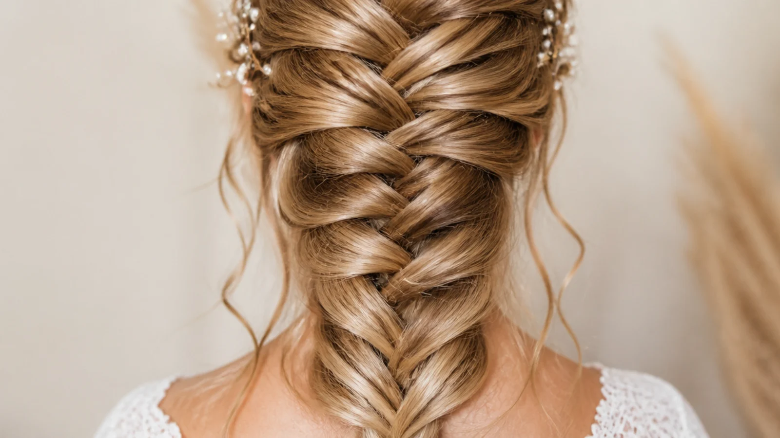 Loose strands falling at the cheekbones in front of a braided length
