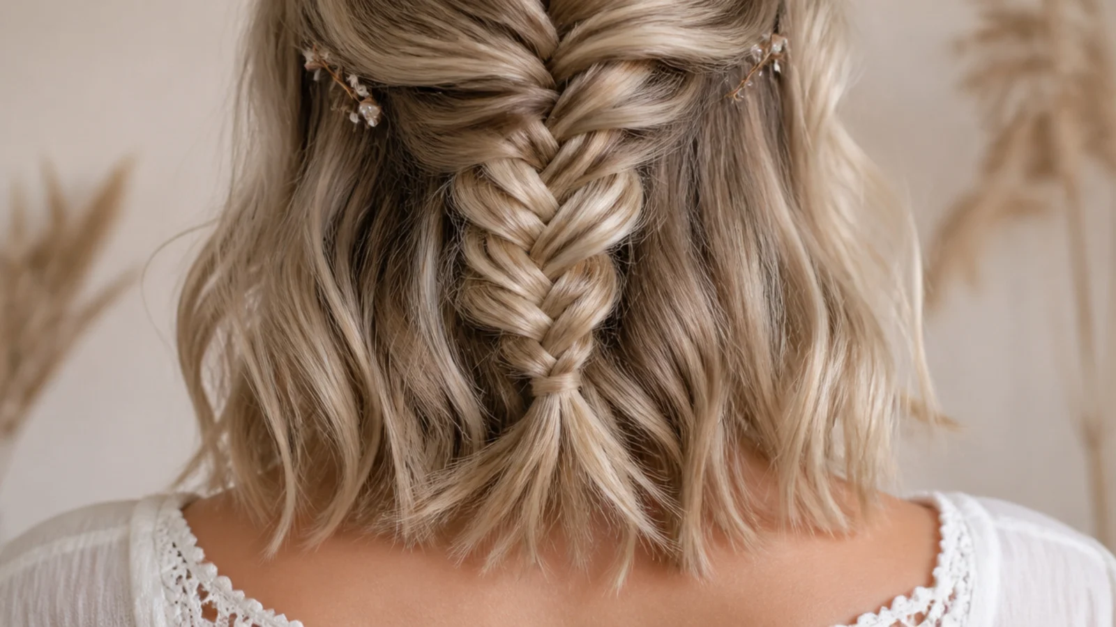 A short stubby braid on collarbone length hair