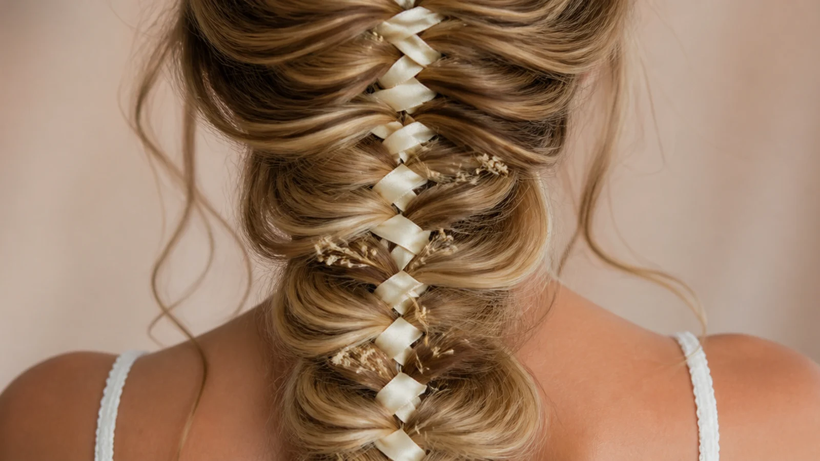 A thin satin ribbon running through the crossings of a braid