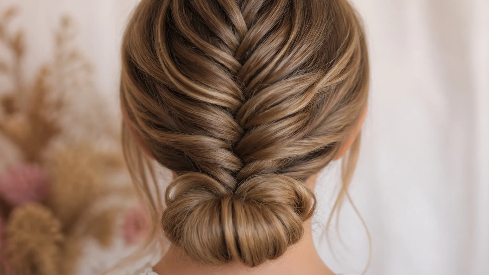 A braid coiled and pinned into a low bun at the nape