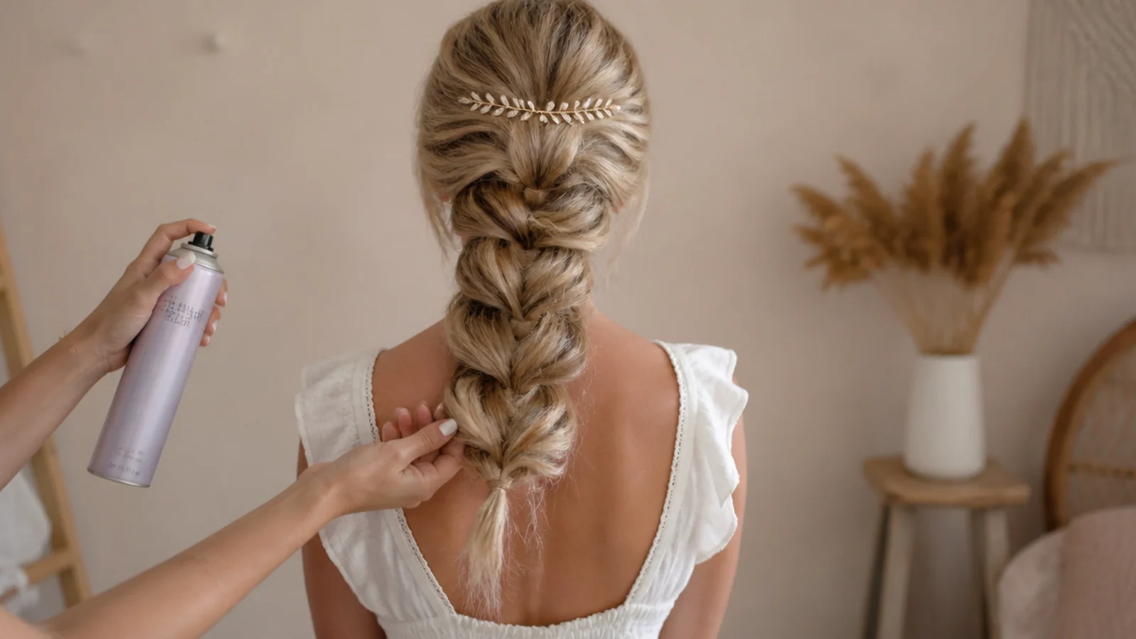 Texture spray held beside a section of fine straight hair before braiding