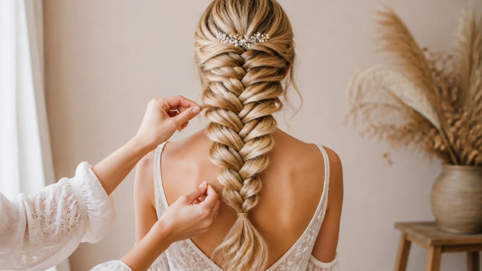 Fingertips tugging the outer edge of a finished braid to widen it