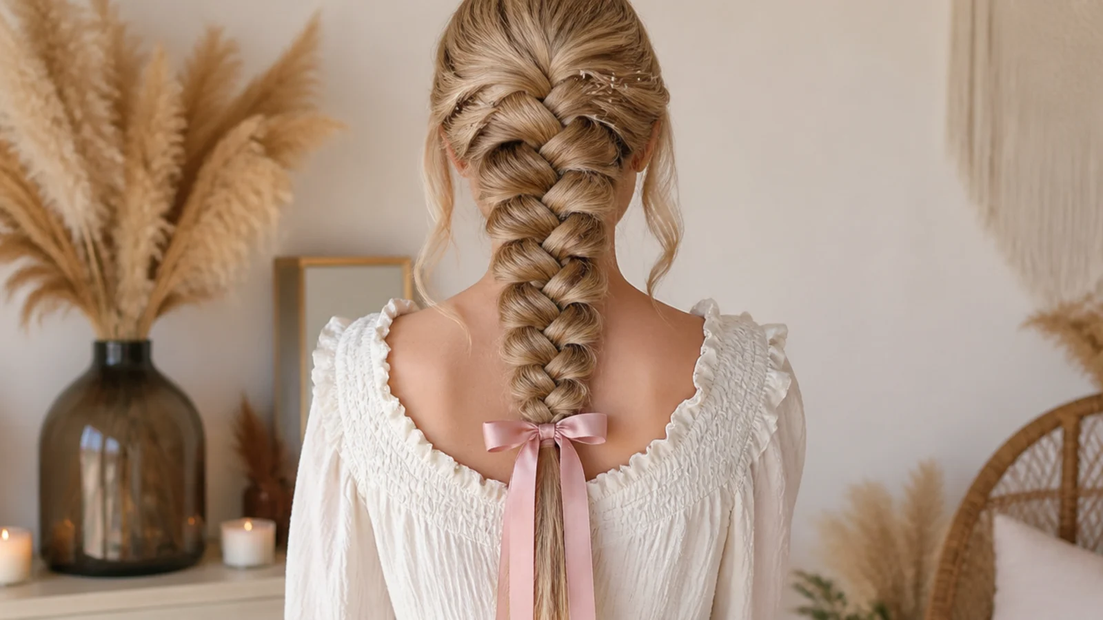 A narrow ribbon and small pearl pins laid out next to a loosely braided length