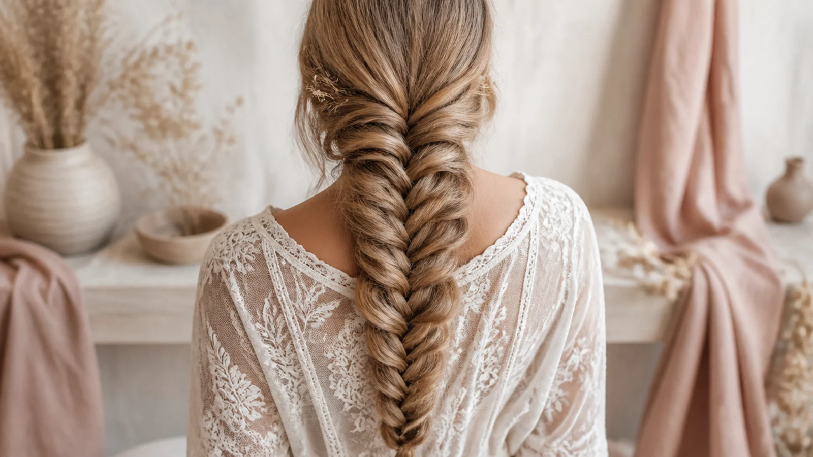 Close view of a fishtail braid showing the overlapping chevron crossings down its centre