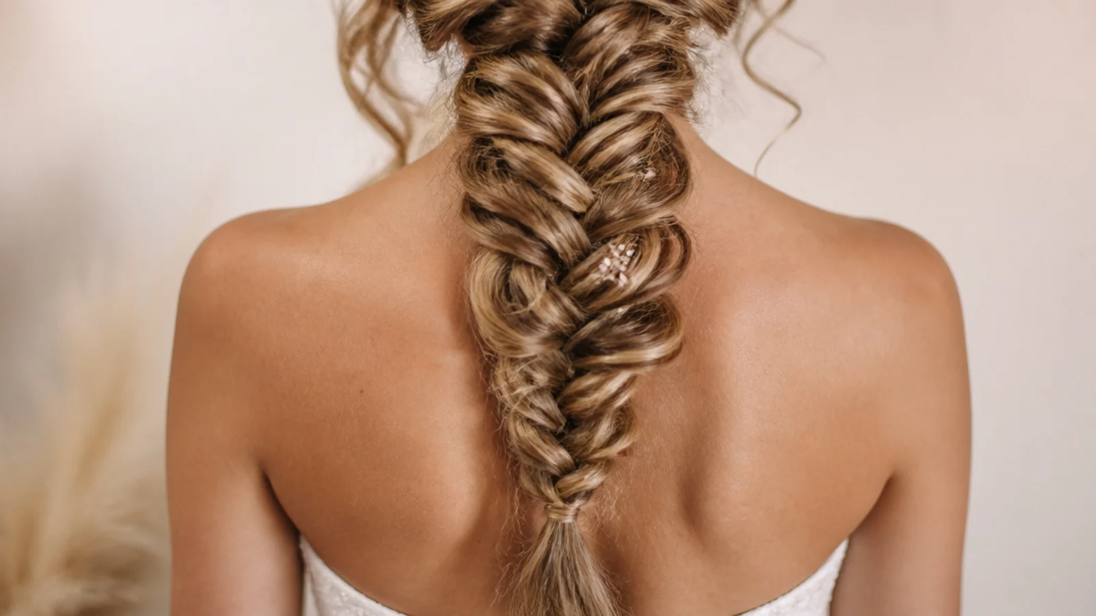 A long braid falling down the back above a strapless gown