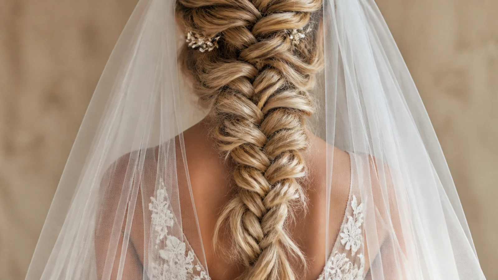 A braid over one shoulder with a long veil trailing behind