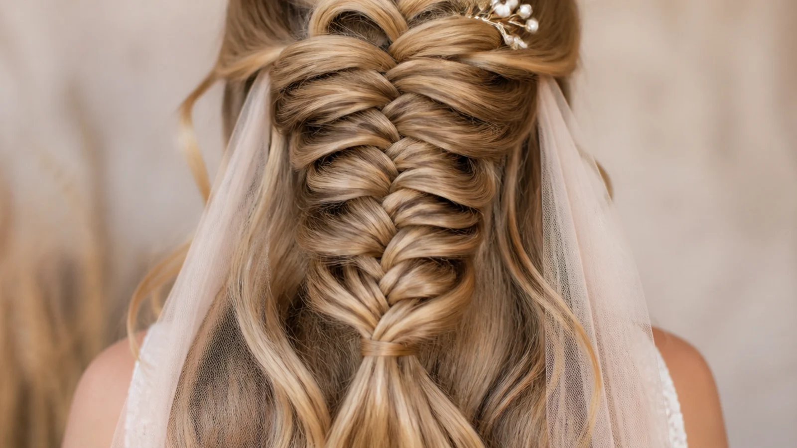 A half up braid with a short veil covering the face