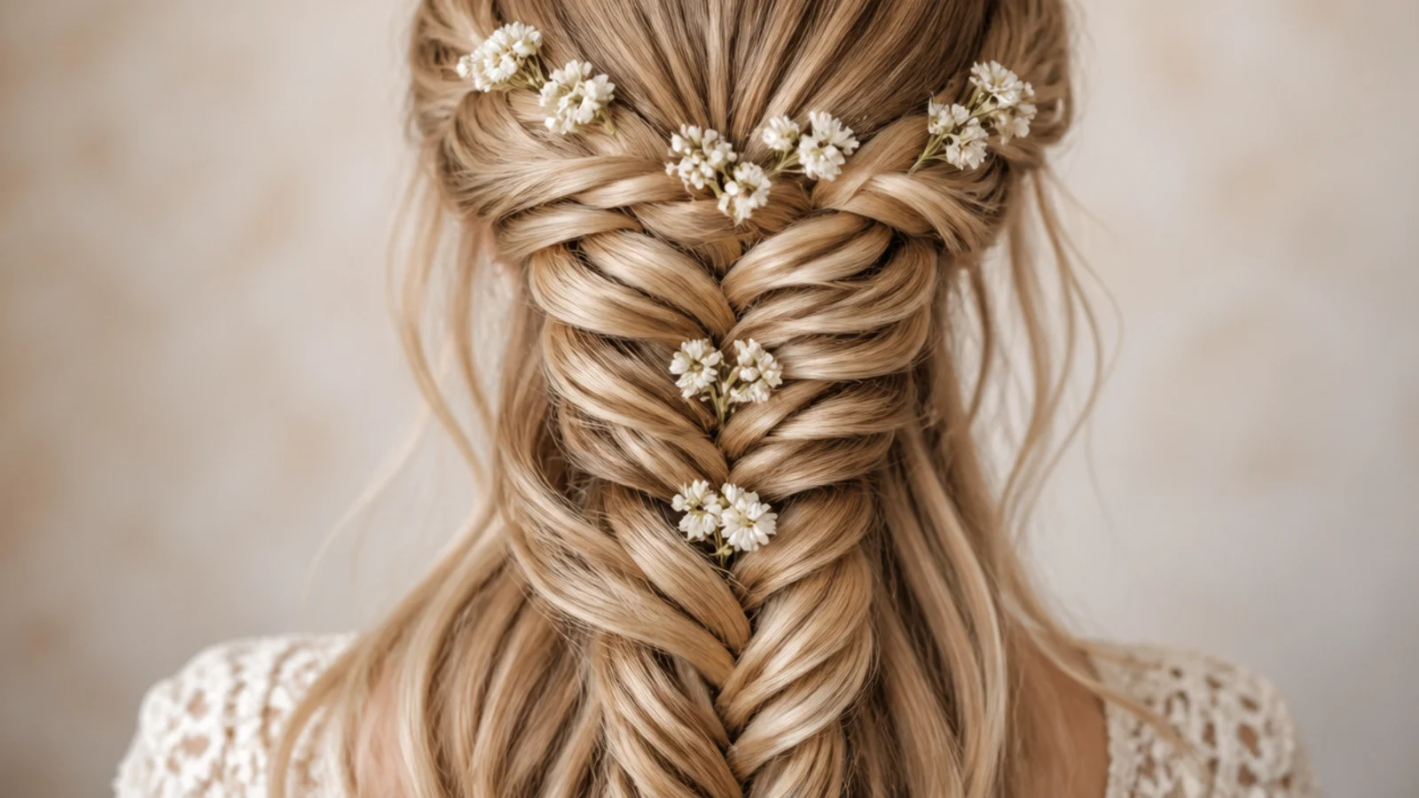 A braid wrapped around the head like a crown with small flowers set into it