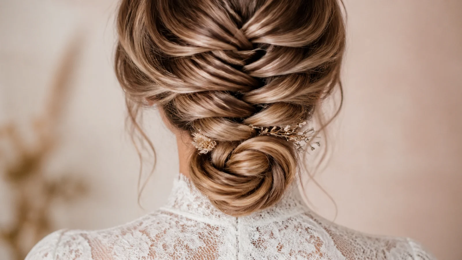 A braid coiled into a low bun above a high necked gown