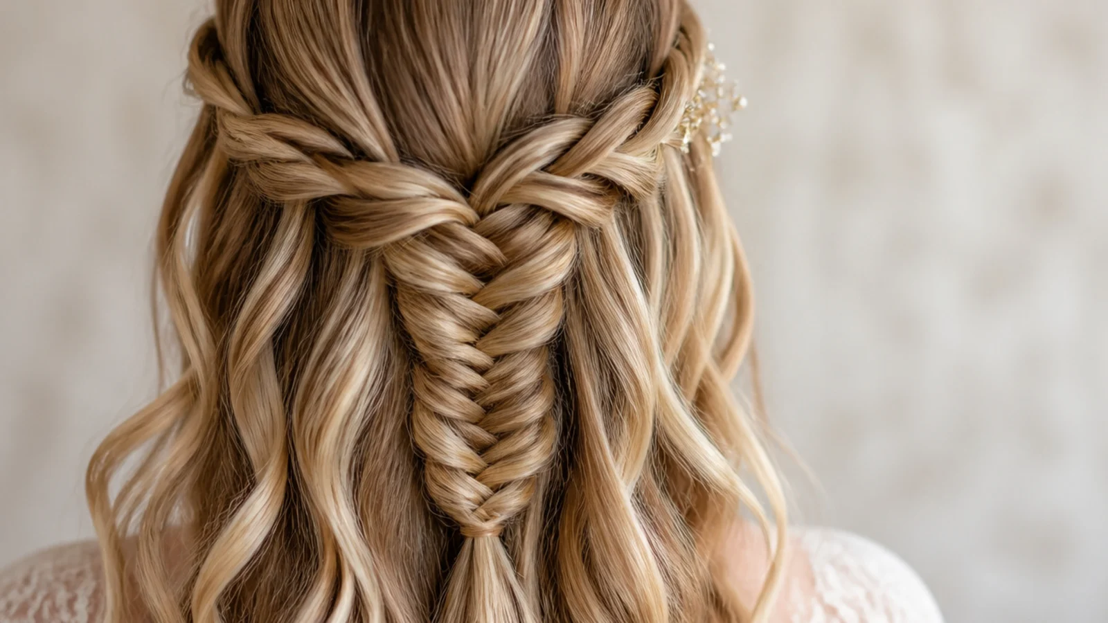 A horizontal braid with loose strands falling through it photographed on sand