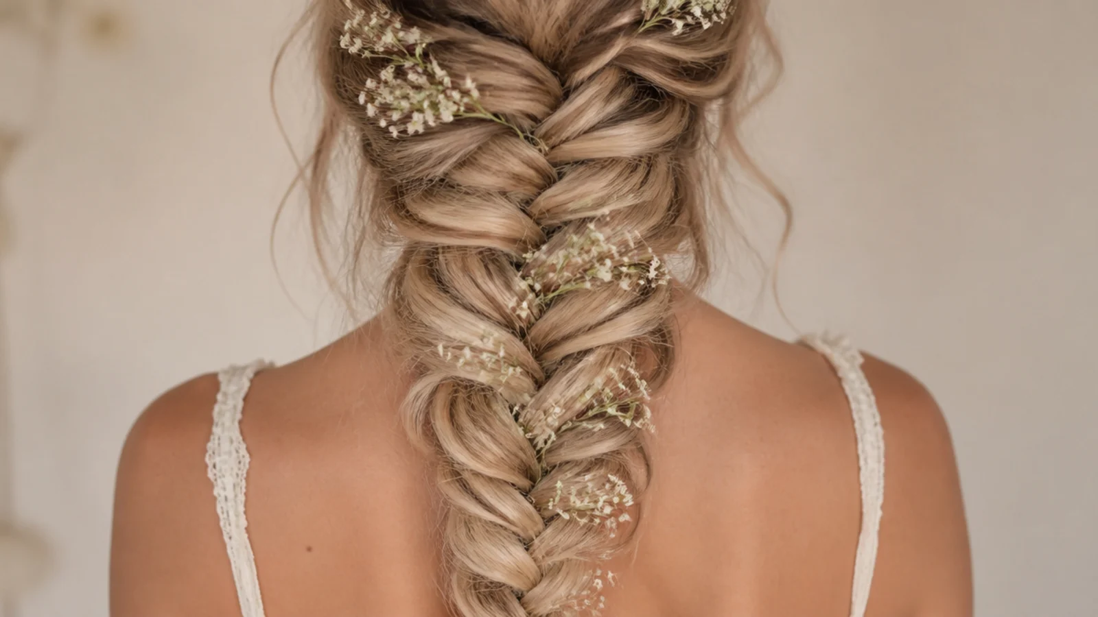 Tiny white flowers tucked along the length of a loose braid