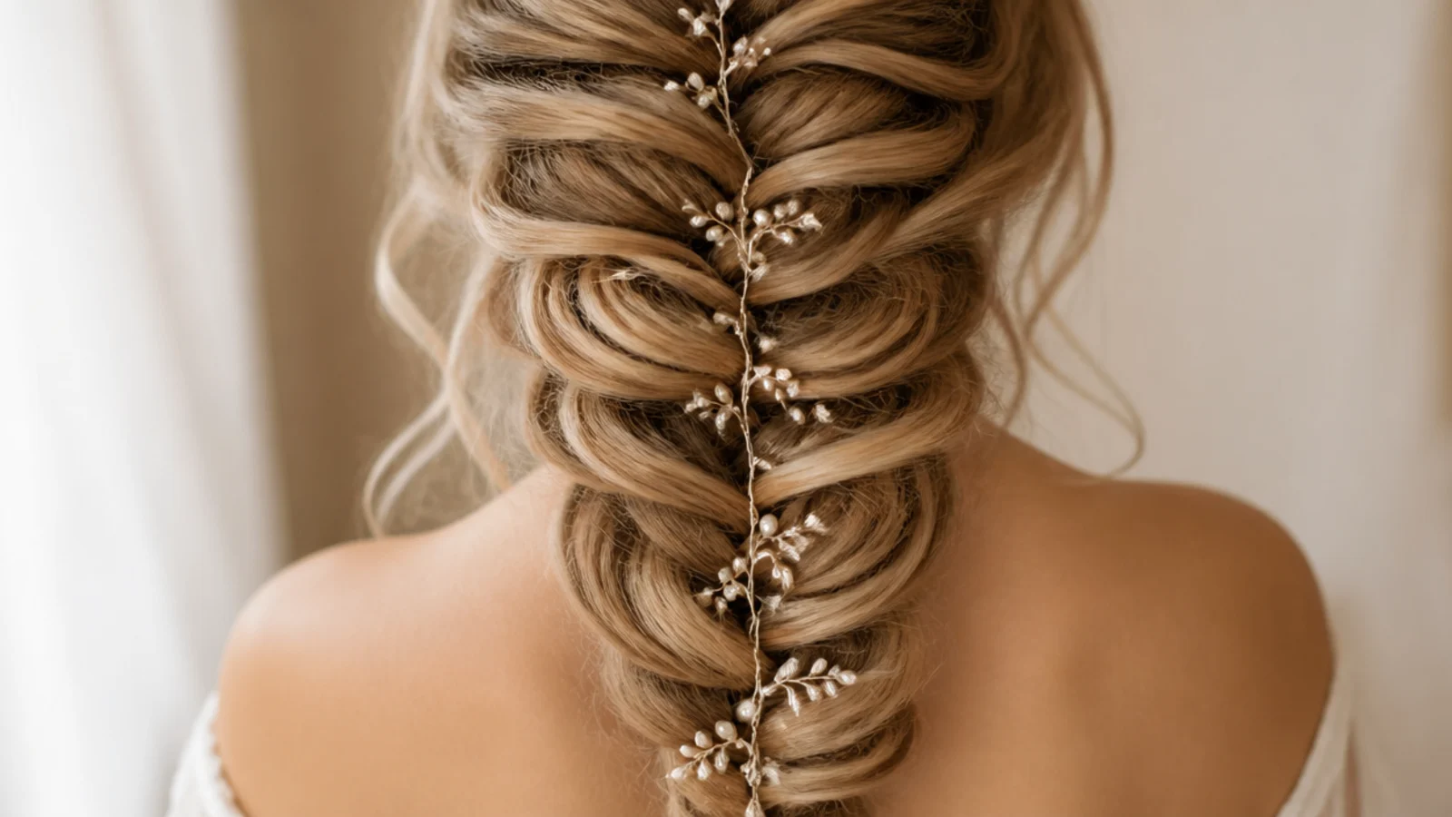 A pearl hair vine threaded along the length of a braid