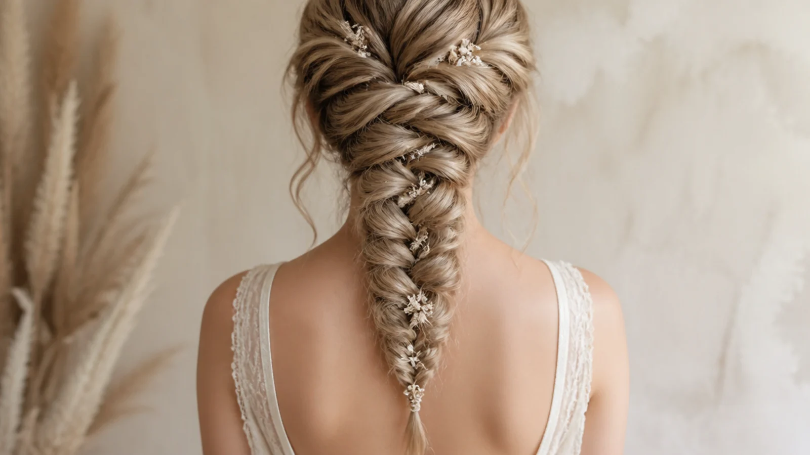 A braid wrapped as a halo above an open backed gown