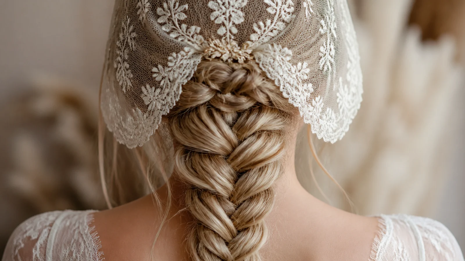 A close fitting cap veil worn above a braid starting low at the back