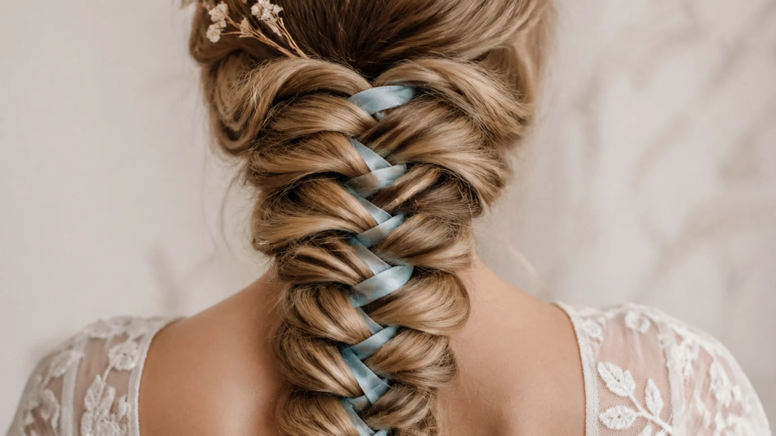 A pale blue silk ribbon woven through the crossings of a braid