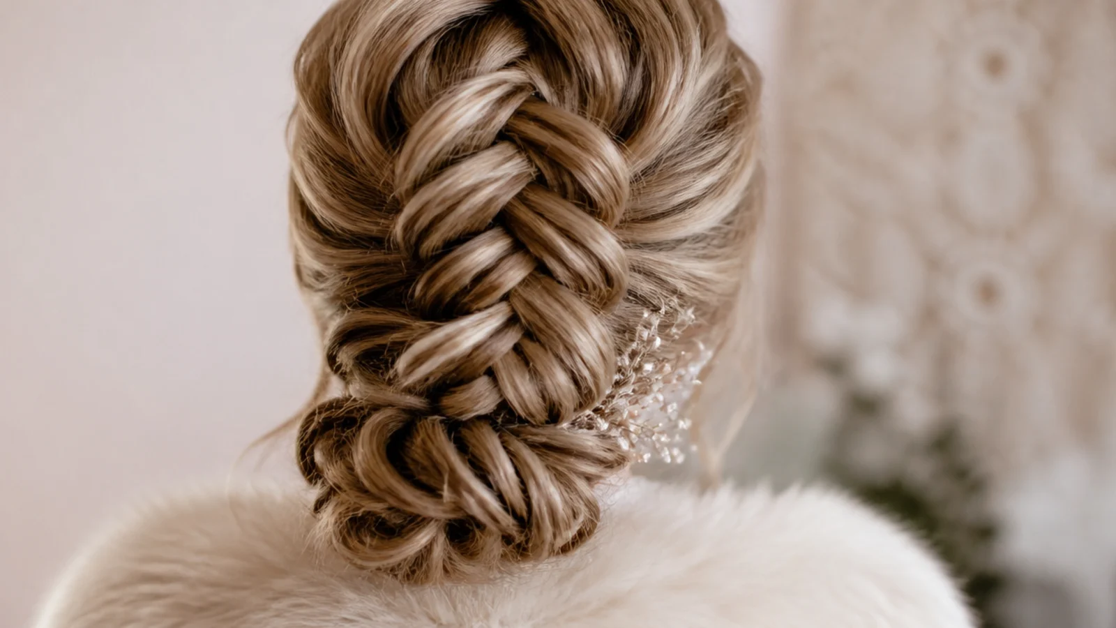 A braid coiled into a low chignon at the nape