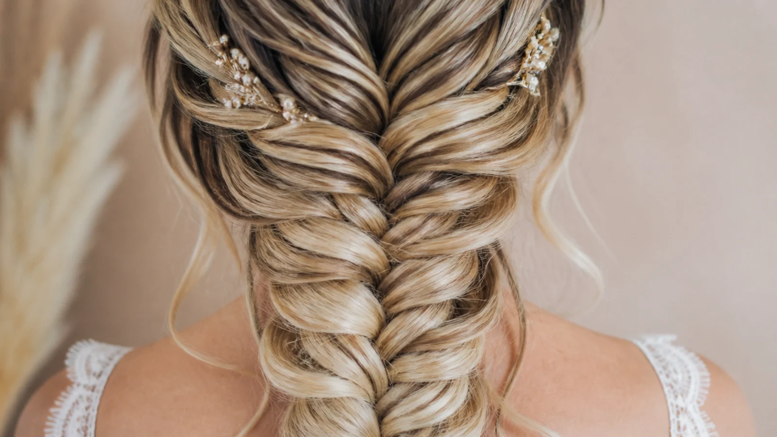 A braid on balayage hair showing light and dark pieces crossing