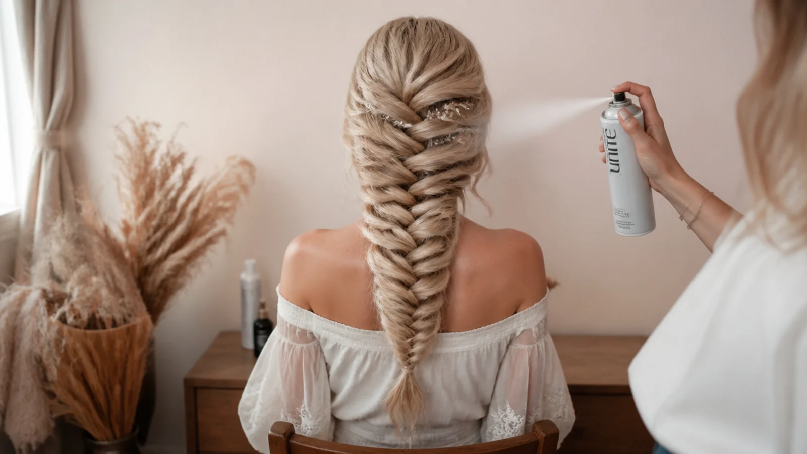 Fine straight hair being prepped with texture spray before braiding