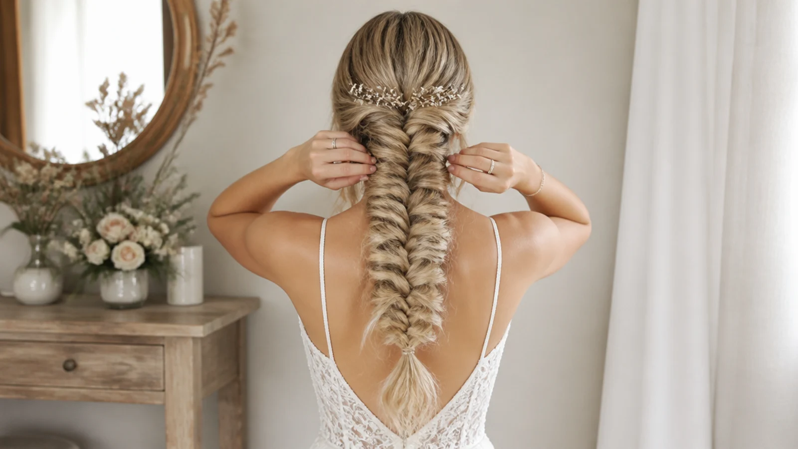 Spare pins and a clear elastic laid beside a finished bridal braid