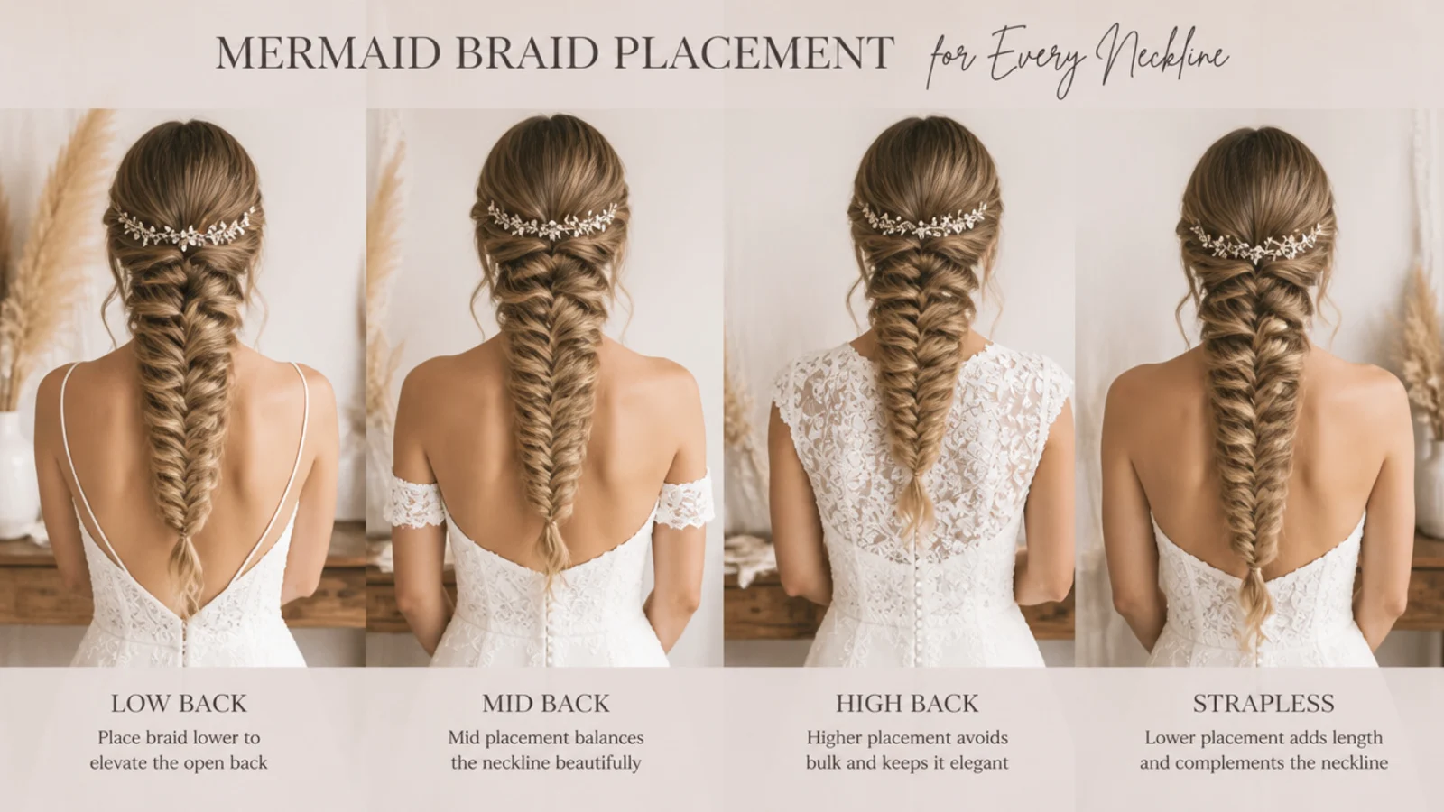 Three different bridal necklines compared side by side with hair worn back