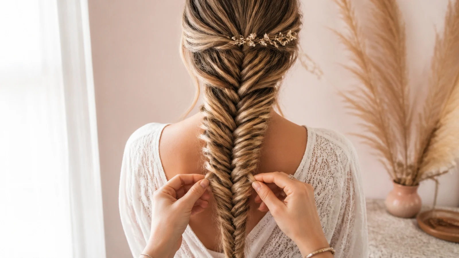 Fingers tugging the edge of a finished braid outward to widen it