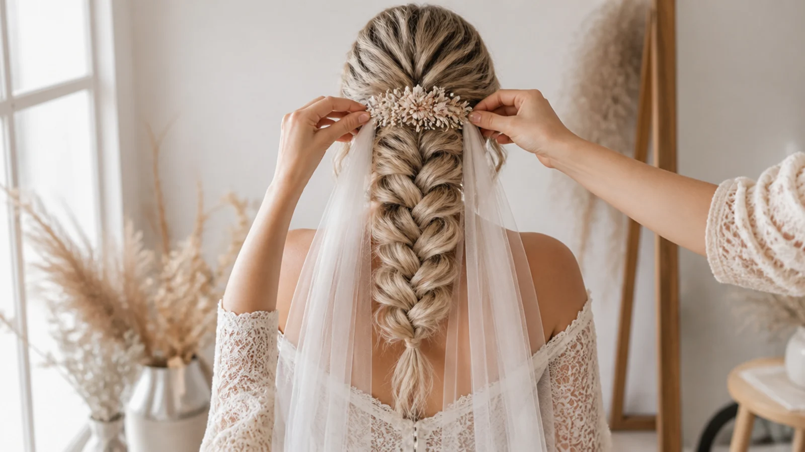 A veil comb being set into crossed bobby pins above a braided section