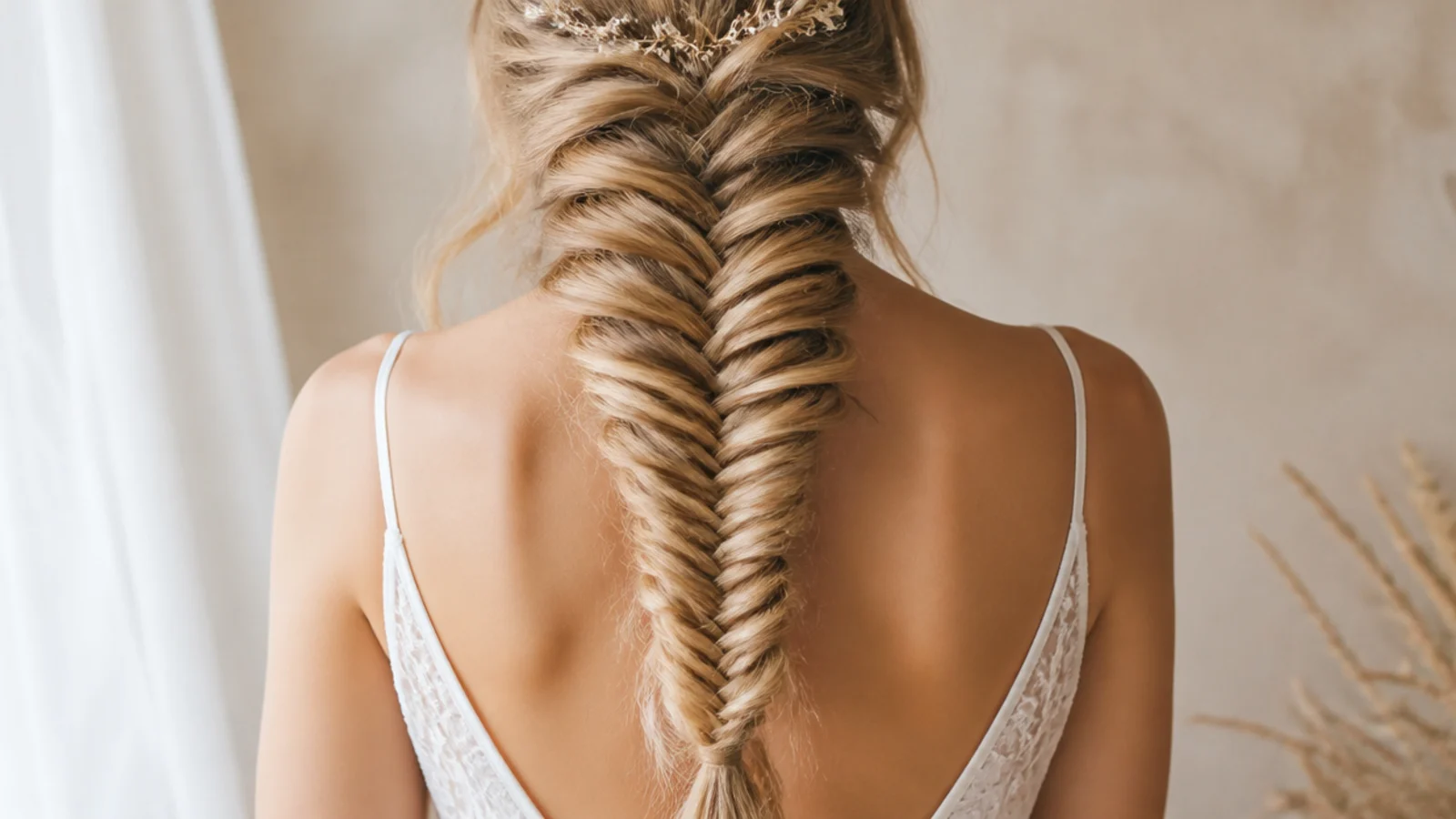 Close view of the overlapping crossings that make up a fishtail braid