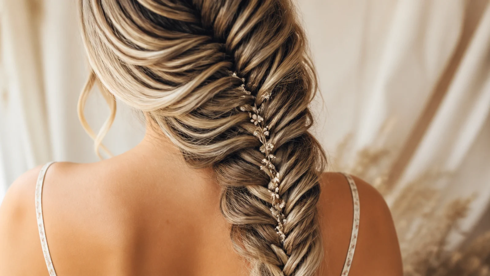 A braid swept forward over one shoulder against the front of the body
