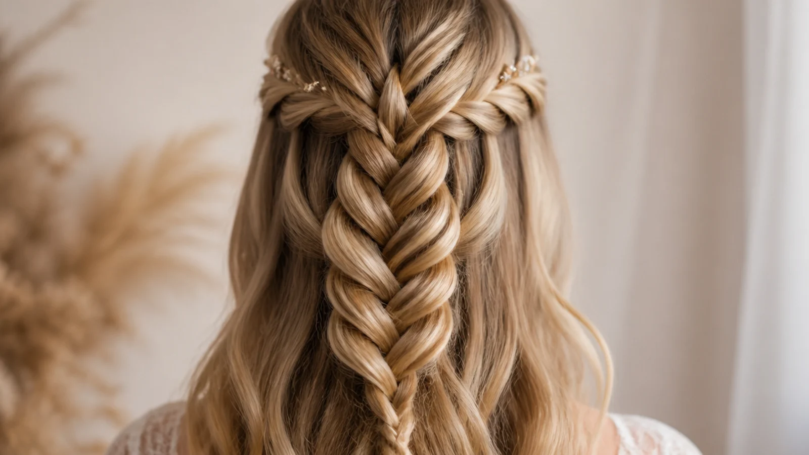 A waterfall braid crossing the crown with strands falling through it