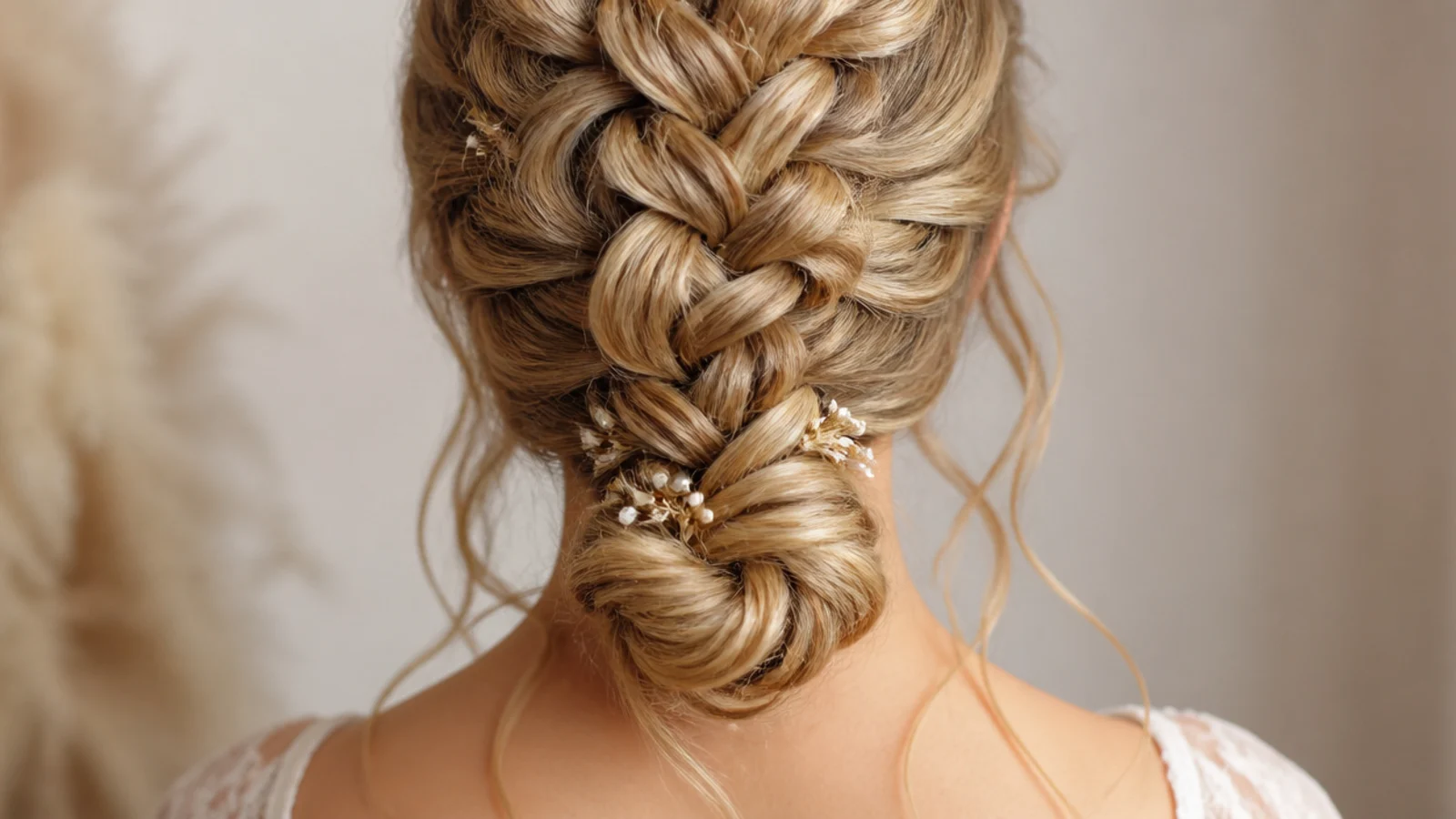 A patterned braid wound into a low bun at the nape