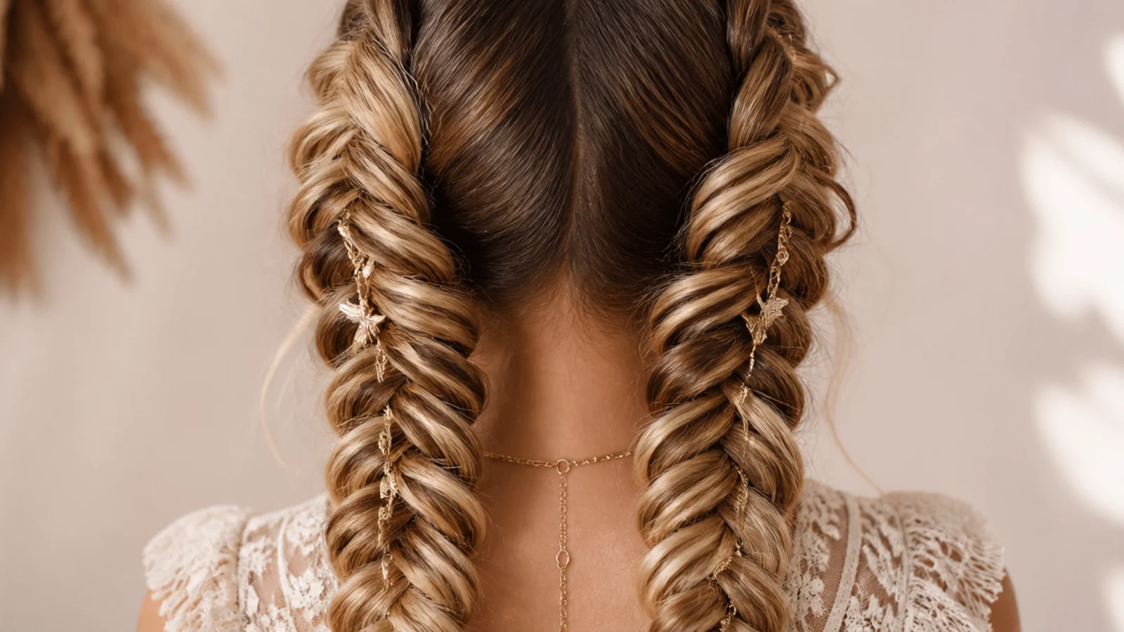Two fishtail braids falling either side of the head