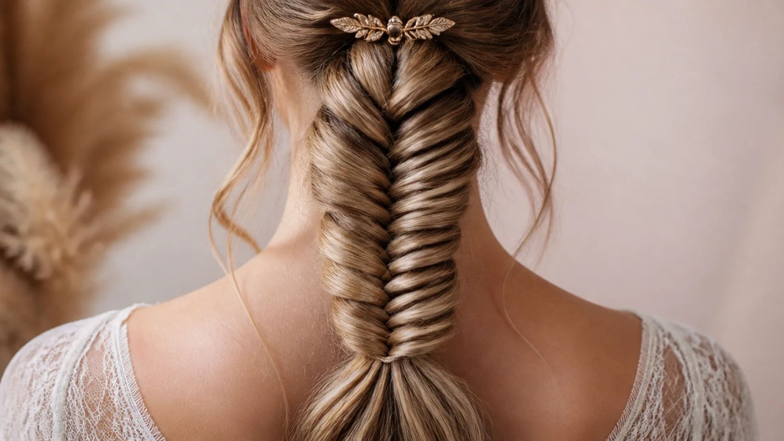 A ponytail gathered high and fishtailed from the elastic down