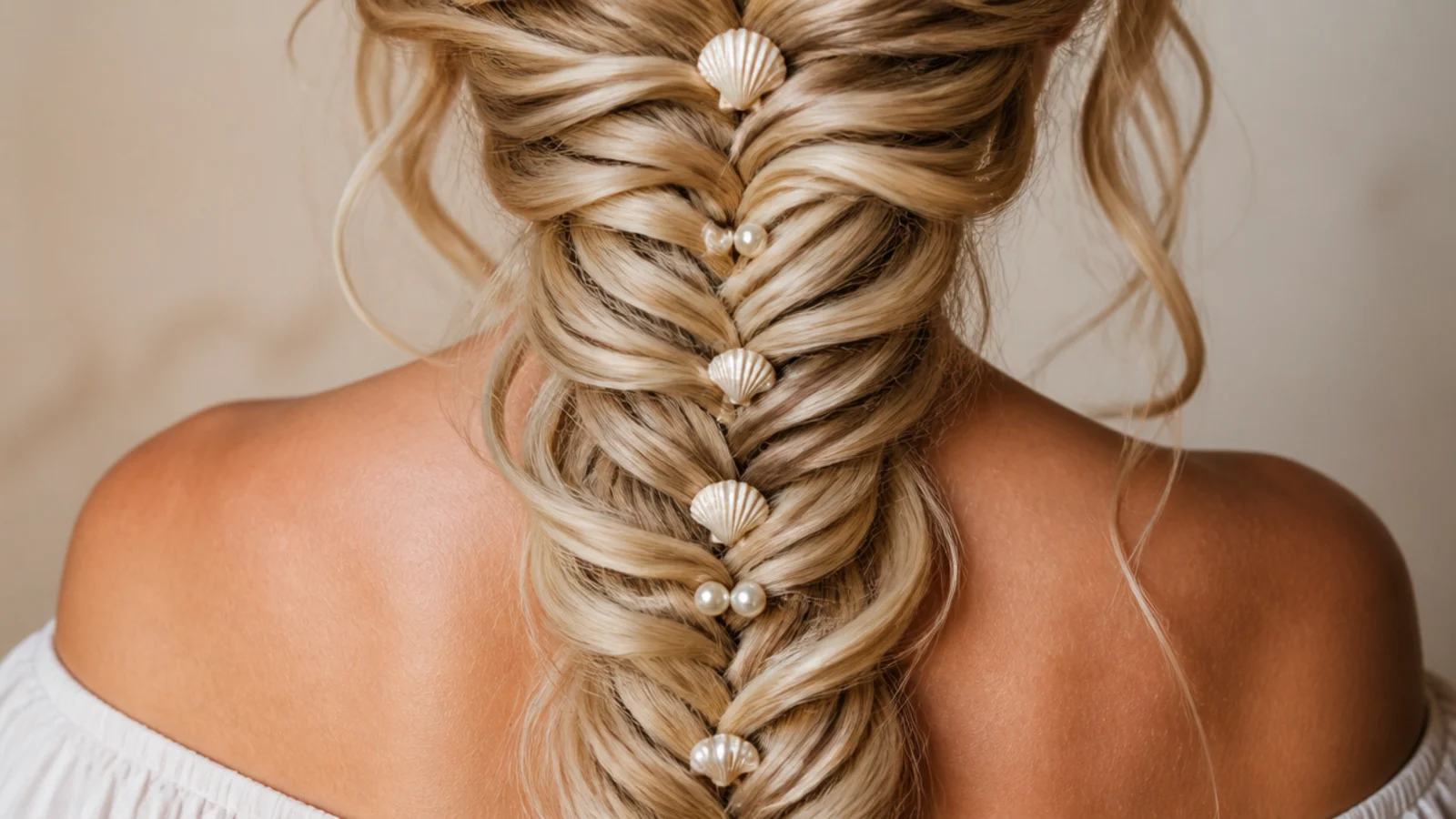 Shell and pearl pins tucked into the open loops of a braid