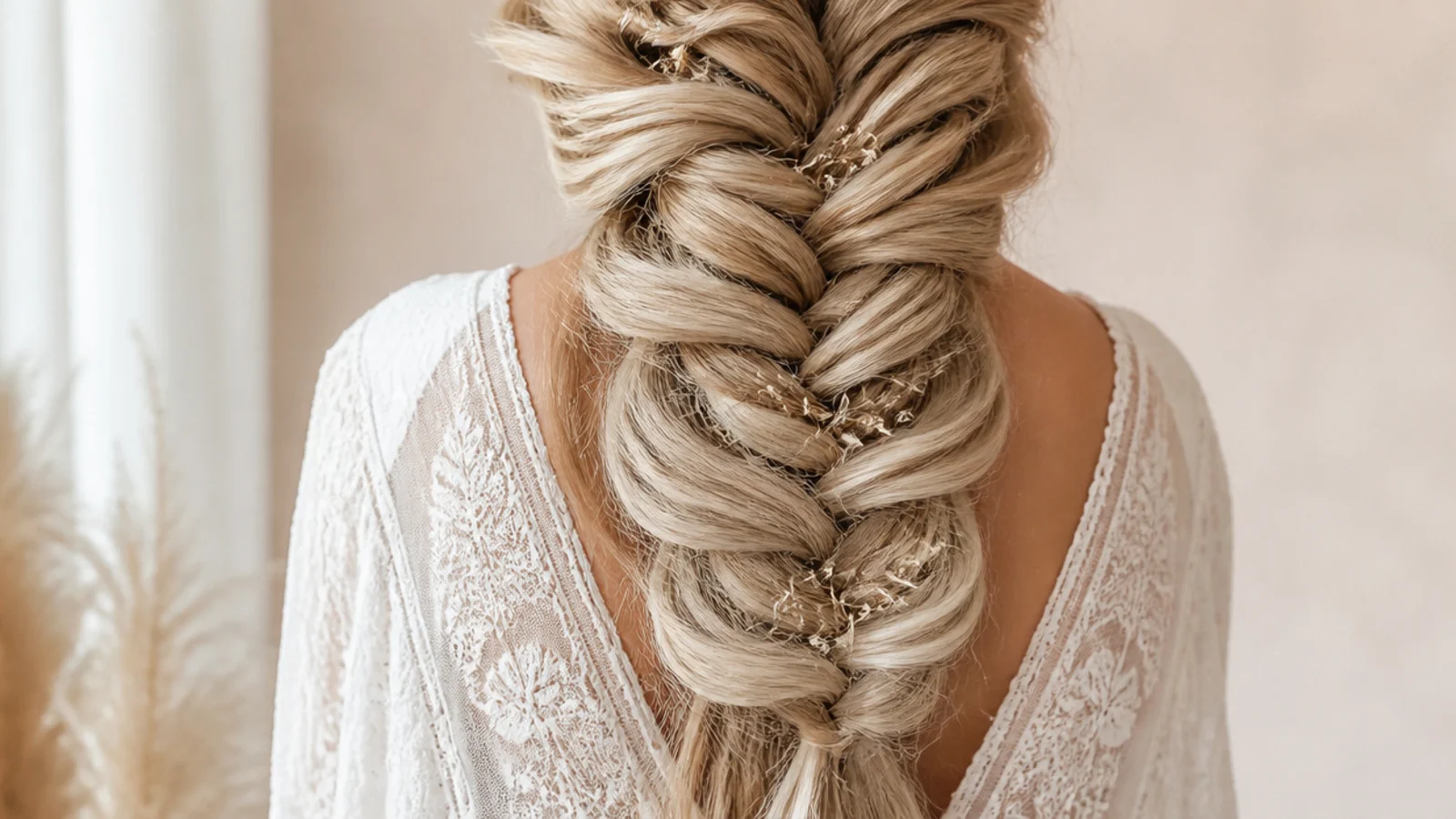 A long thick braid built with clip in wefts hidden under the parting
