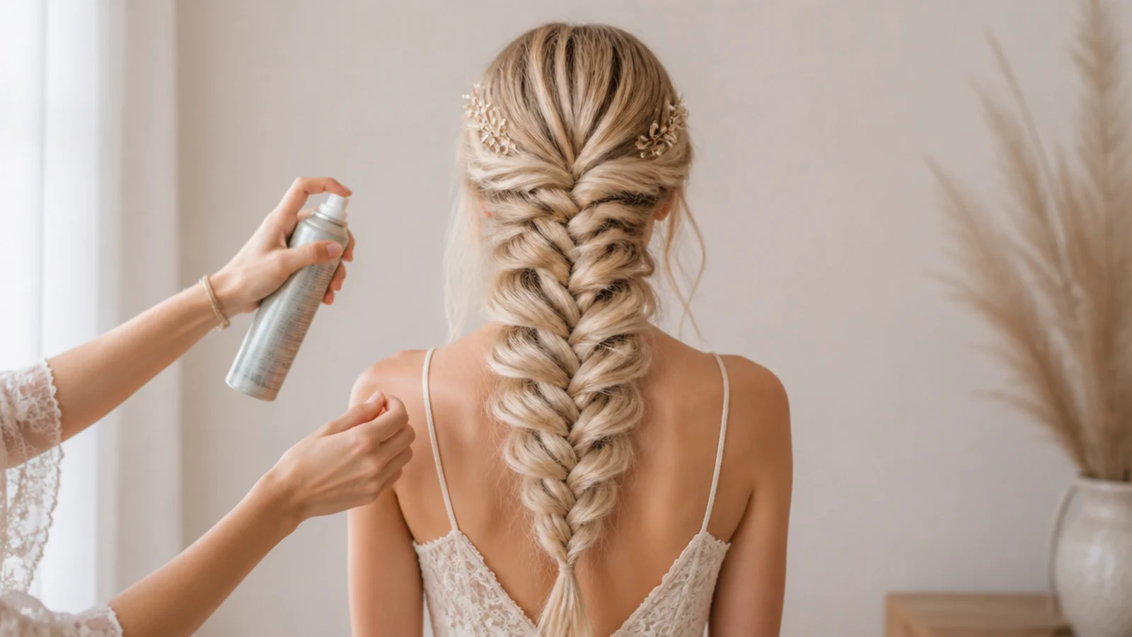Fine straight hair being prepared with texture spray before braiding